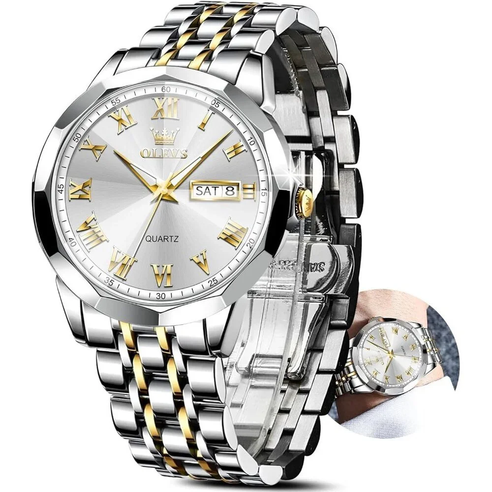 Olevs Men's Silver Gold- White Steel Stain Waterproof Stain Luminous Wrist Watch